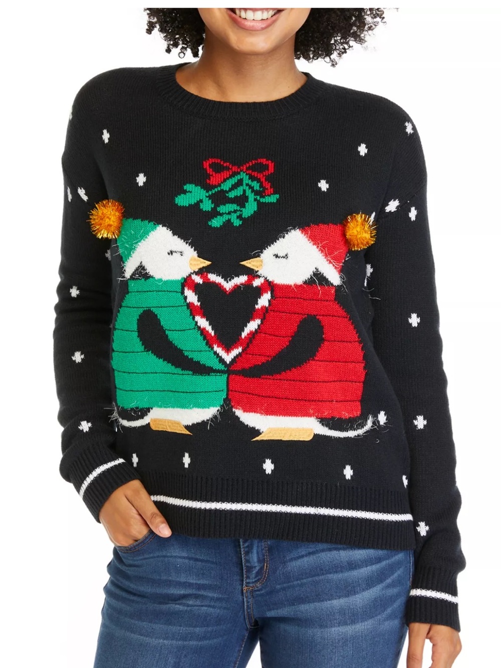 Joyland Penguin Mistletoe Ugly Christmas Sweater Black Large